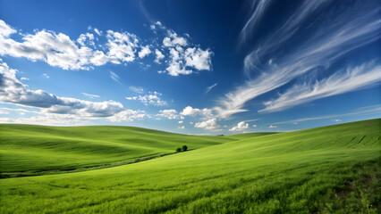 Fototapeta premium Vibrant green rolling hills under a bright blue sky with wispy clouds