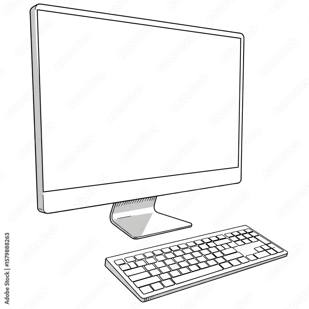 Fototapete illustration of a desktop computer with a large monitor and a keyboard, presented in a minimalist li