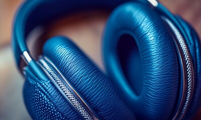 Blue over ear headphones mockup with leather texture on wooden surface

