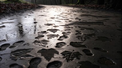 Wet path with footprints and leaves in a tranquil forest setting.