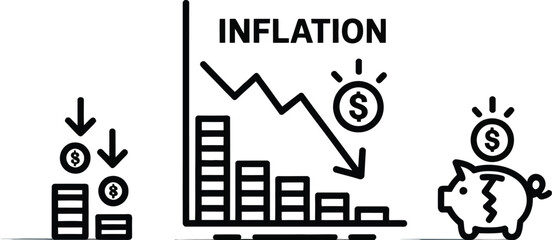 Illustration of inflation graph with decreasing stacks of coins and piggy bank