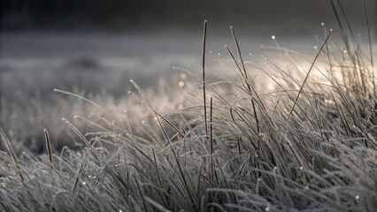 Obraz premium Frost-covered grass in a serene landscape.