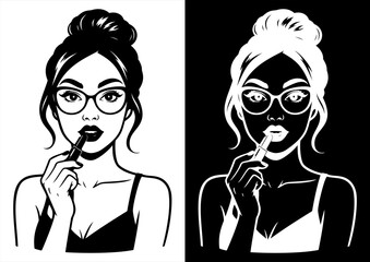 Chic Lady with Glasses Putting on Lipstick – Monochrome Beauty Illustration– Ink Line Art Portrait