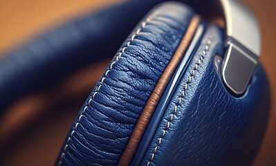 Blue leather headphones mockup with metallic accents on wood surface

