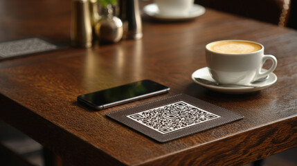 Change in consumer behavior, QR code scanner on restaurant table, accompanied by smartphone and cup of coffee, creates modern dining experience