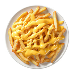 Delicious plate of french fries covered in melted cheese ready for serving transparent