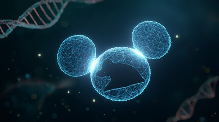 Two glowing DNA strands forming a tiny luminous mouse silhouette, representing genetic innovation.