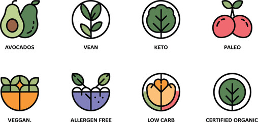 Icons representing different dietary options like vegan keto and paleo diets