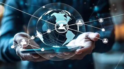 Hands holding a smartphone with a globe graphic, symbolizing global connectivity and technology - Powered by Adobe