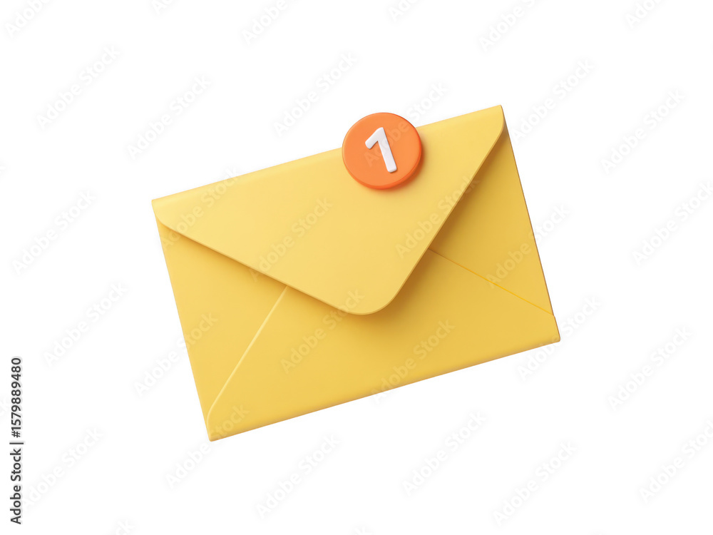 Poster 3d yellow envelope with orange notification badge showing number one isolated on transparent backgro