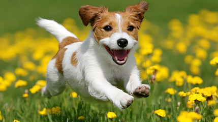 Jack Russell terrier dashing through a meadow, embodying pure joy and freedom in motion.