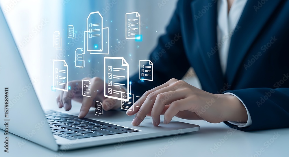 Poster woman typing on laptop with document icons illustrating digital transformation and automation of bus