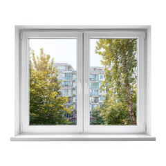 White double-hung window overlooking city and trees