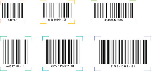Color framed barcode vector icons collection for scanning UI, inventory tracking, shipping, and product labeling in modern flat style