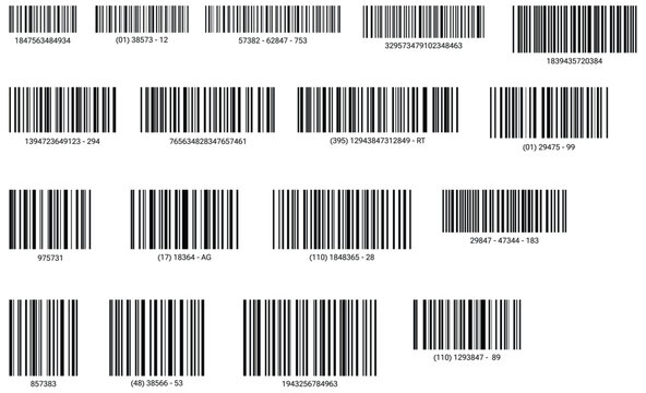 Set of various black barcode vector illustrations with product numbers for packaging design, labeling, and inventory tracking in minimalist style