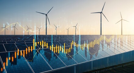Renewable Energy Investment and Financial Growth with Wind Turbines and Solar Panels Overlayed with Stock Market Charts and Data
