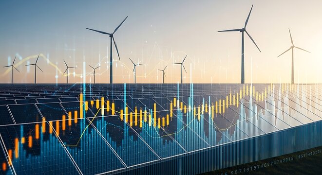 Renewable Energy Investment and Financial Growth with Wind Turbines and Solar Panels Overlayed with Stock Market Charts and Data - Powered by Adobe