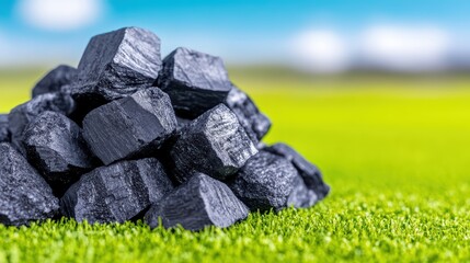 A close-up of a small pile of black charcoal pieces resting on green grass with a blurred blue sky background.