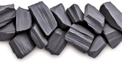 Charcoal chunks arranged in a row on a white background, showing their textured surface and deep black color.