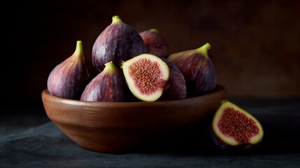Rustic bowl of fresh figs on dark background, side view, selective focus, still life