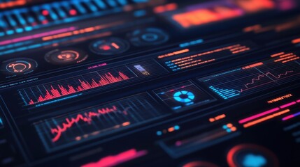 Futuristic Data Visualization Interface with Vibrant Graphs, Charts, and Indicators for Analysis of Business Metrics and Performance Trends in High-Tech Environment
