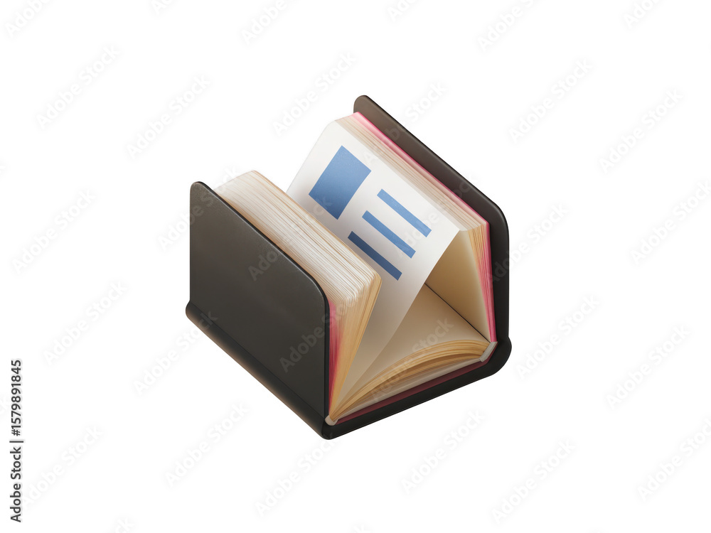 Poster open dark gray book with pink edges and pages displaying blue bars and text isolated on transparent 