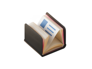 Open dark gray book with pink edges and pages displaying blue bars and text isolated on transparent background