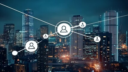 Urban night skyline with digital network connections representing social interactions and technology - Powered by Adobe