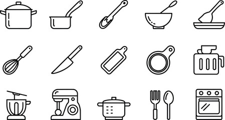 Outlined kitchen utensils and appliances arranged in a neat presentation