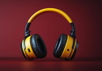 Yellow headphones mockup with black cushions on deep red background

