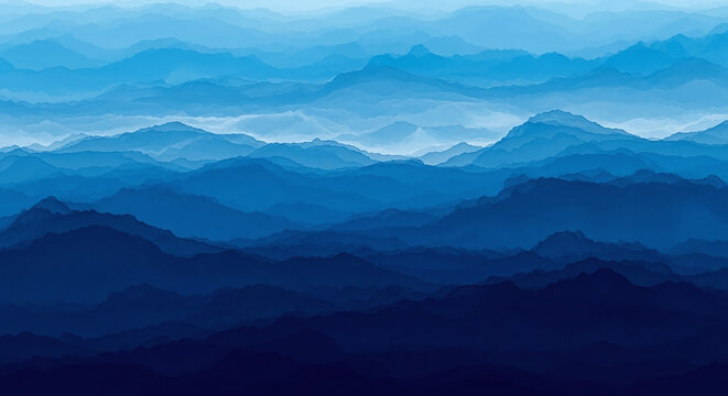 A scenic view of layered blue mountains fading into the distance in a misty atmospheric landscape