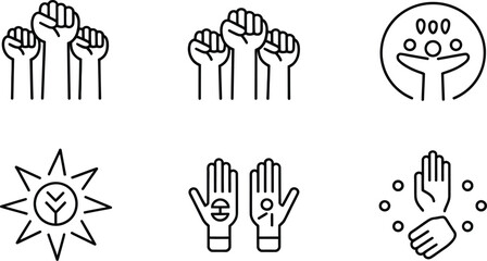 Various line art illustrations depicting hands, symbols, and unity themes