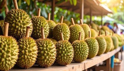 Obraz premium Stacked durian fruits on wooden shelves
