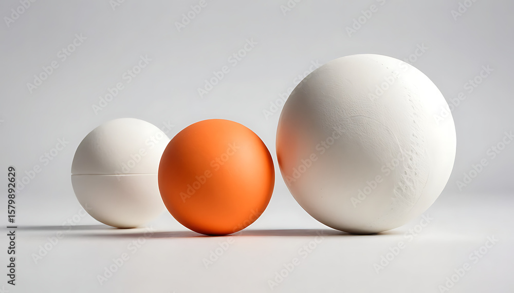 Poster three spheres of different sizes and colors (white and orange) are arranged in a row on a light gray