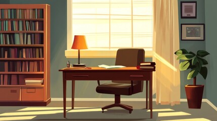 Simple office illustration with desk, lamp, books, and chair