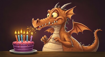 Dragon's Birthday Surprise! A whimsical illustration of a cute, cartoon dragon about to blow out the candles on a delicious birthday cake.