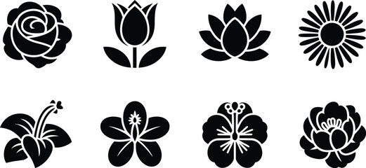 A set of eight different flower icons in black on a white background