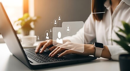 Woman Working on Laptop with Social Network Connection and Human Resources Management Concept Modern Technology and Business