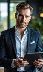 Fototapeta premium White male executive with neatly combed hair and a serious yet approachable expression, holding a tablet displaying real-time business data