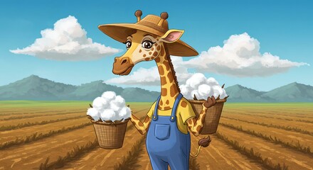 Giraffe Farmer Harvesting Cotton in a Sunny Field