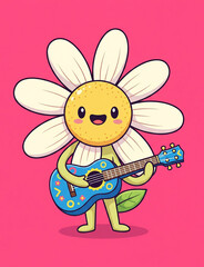 Cute Daisy Flower Character Playing the Guitar