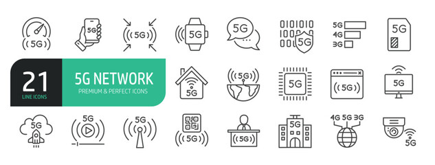 Set Of 5G Network Line Icons. Set contains such icons as 5G Network, Cloud Computing, Big Data, Internet, and more