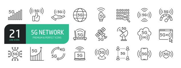 Set Of 5G Network Line Icons. Set contains such icons as 5G Network, Cloud Computing, Big Data, Internet, and more