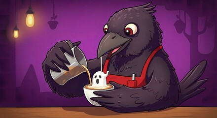 Spooky Latte Art: A Raven Barista Serves a Ghostly Delight