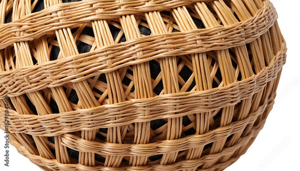 Poster close-up shot of a woven wicker basket with a rounded shape, showcasing the intricate pattern and te