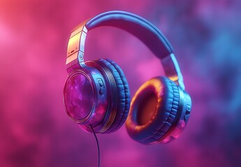 Floating Modern Headphones Mockup on Vibrant Purple-Pink Cosmic Background

