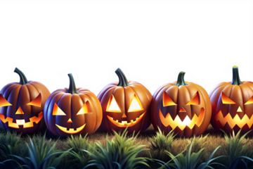 Five Jack OLantern Pumpkins in Grass on Transparent Background
