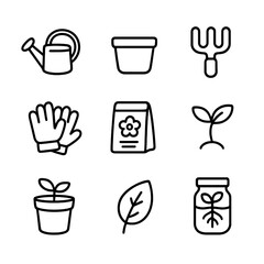 Fototapeta premium Cartoon icon vector sprout small watering icons kids labeled gardening packet rake