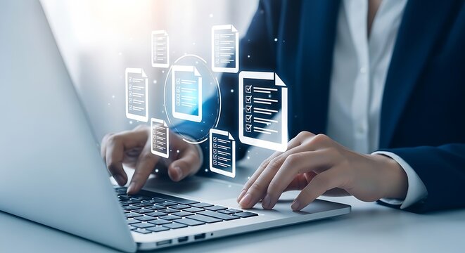 Businessperson working on a laptop with holographic document interface