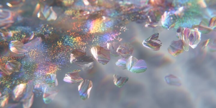 Abstract iridescent shards and glitter floating in a light gray and blue ethereal background space - Powered by Adobe